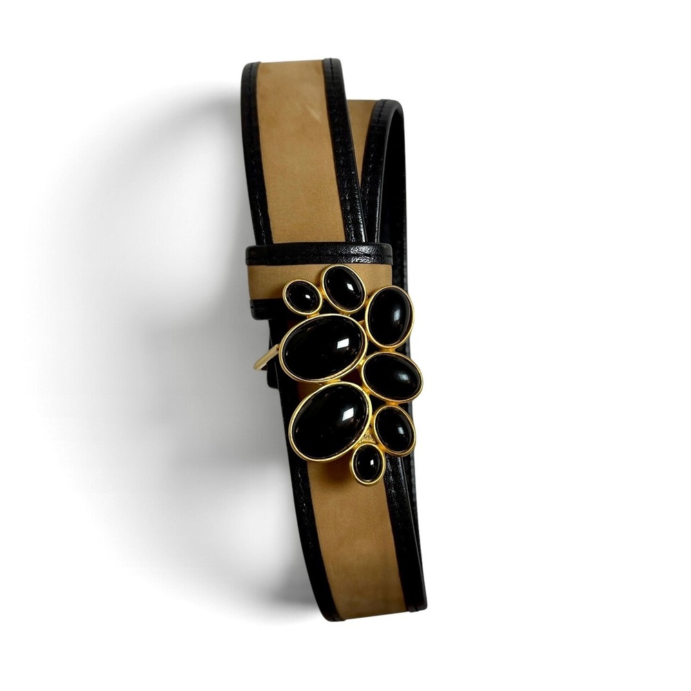 90s Vintage Tan Black Leather Belt Cabochon Stones Gold Buckle Jewels Unique